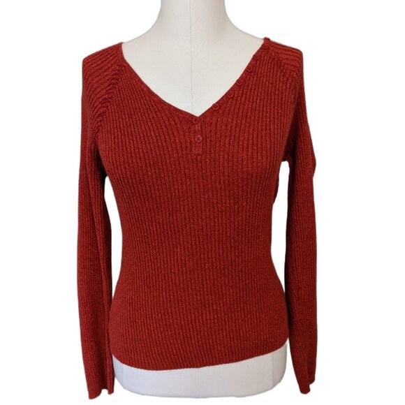 Vintage Y2K Rust Red Ribbed V-Neck Sweater Knit Top Cotton School Bella Swan L - Picture 2 of 10